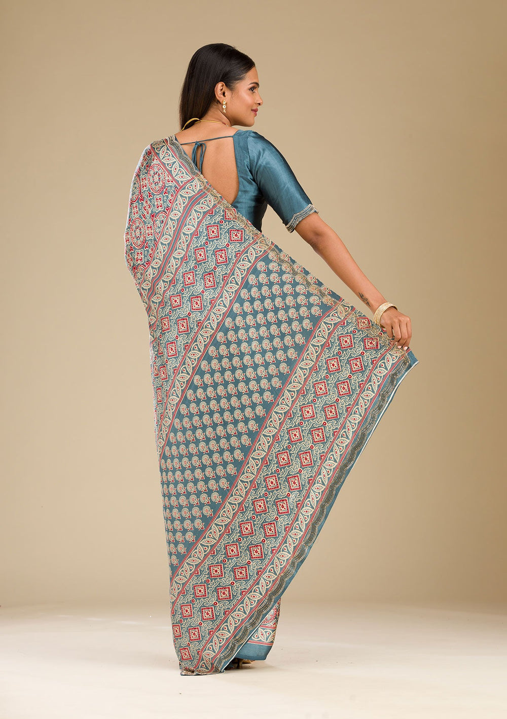 Blue Printed Satin Saree-Koskii