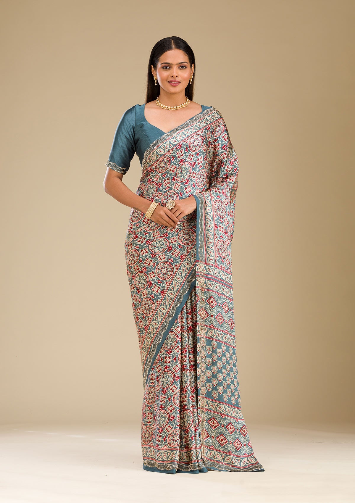 Blue Printed Satin Saree-Koskii