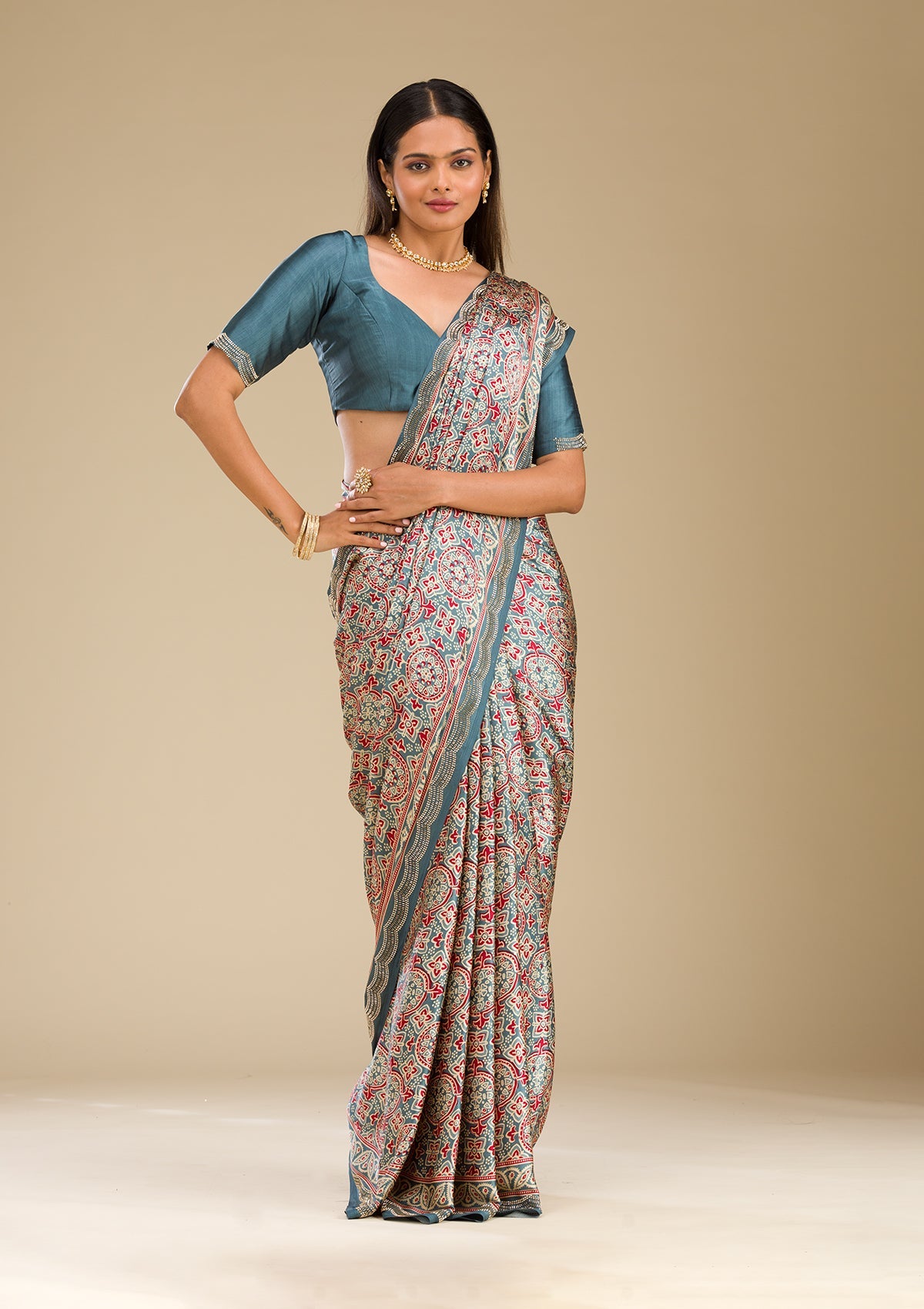 Blue Printed Satin Saree-Koskii