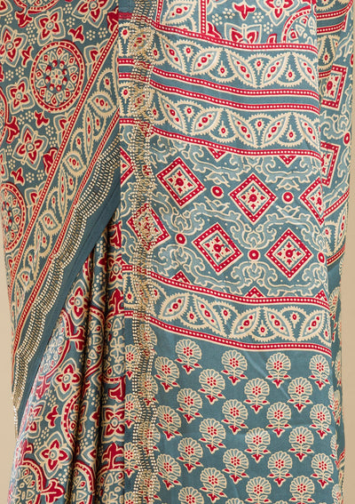 Blue Printed Satin Saree-Koskii