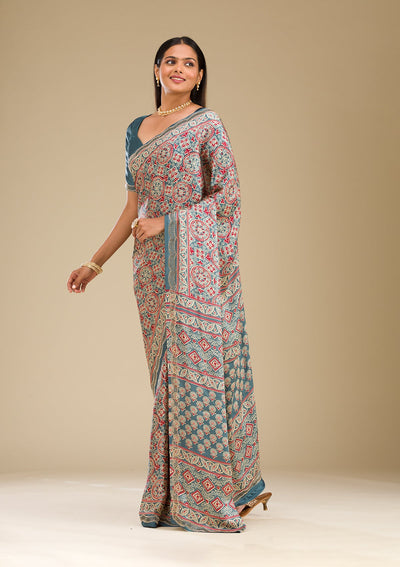 Blue Printed Satin Saree-Koskii