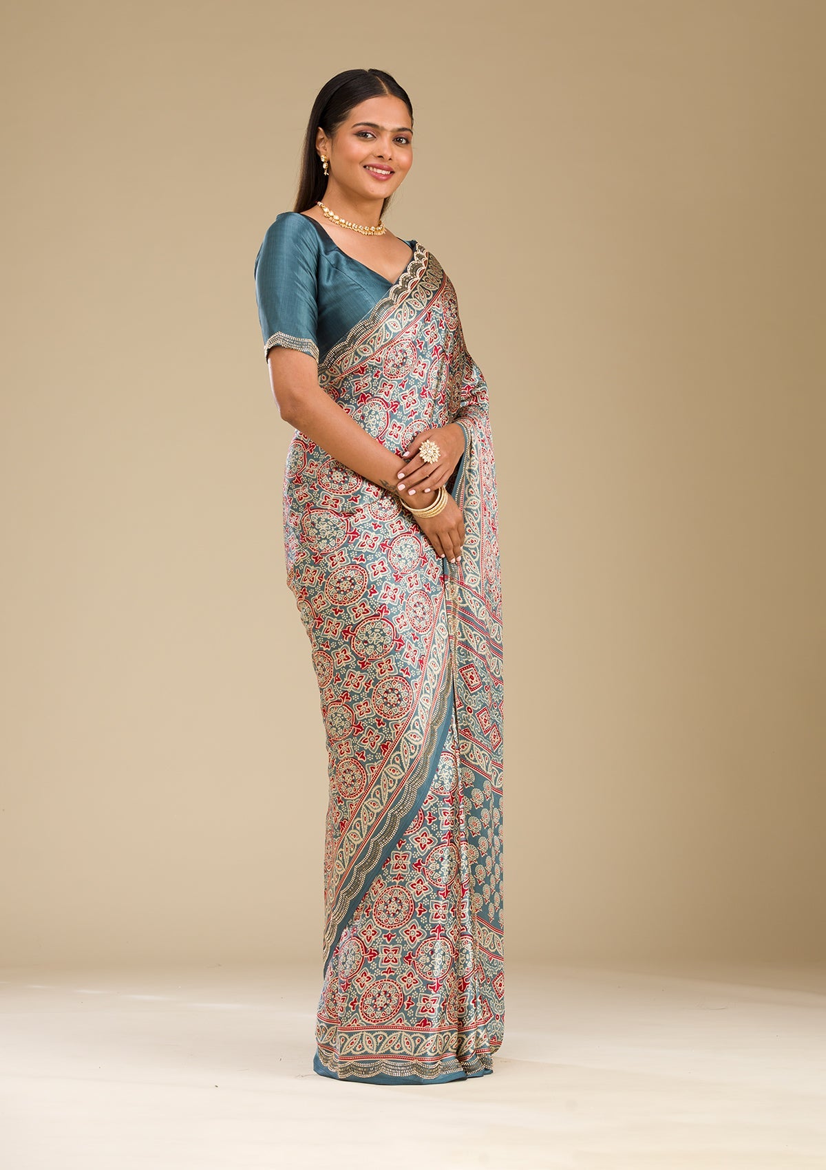 Blue Printed Satin Saree-Koskii