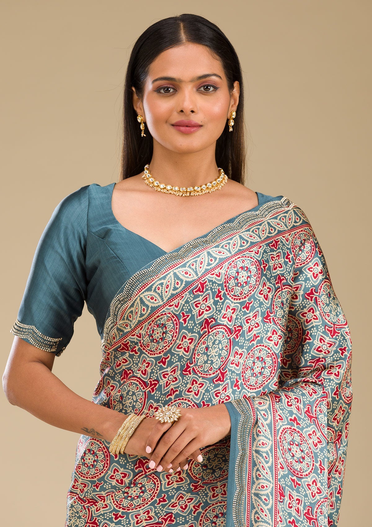 Blue Printed Satin Saree-Koskii