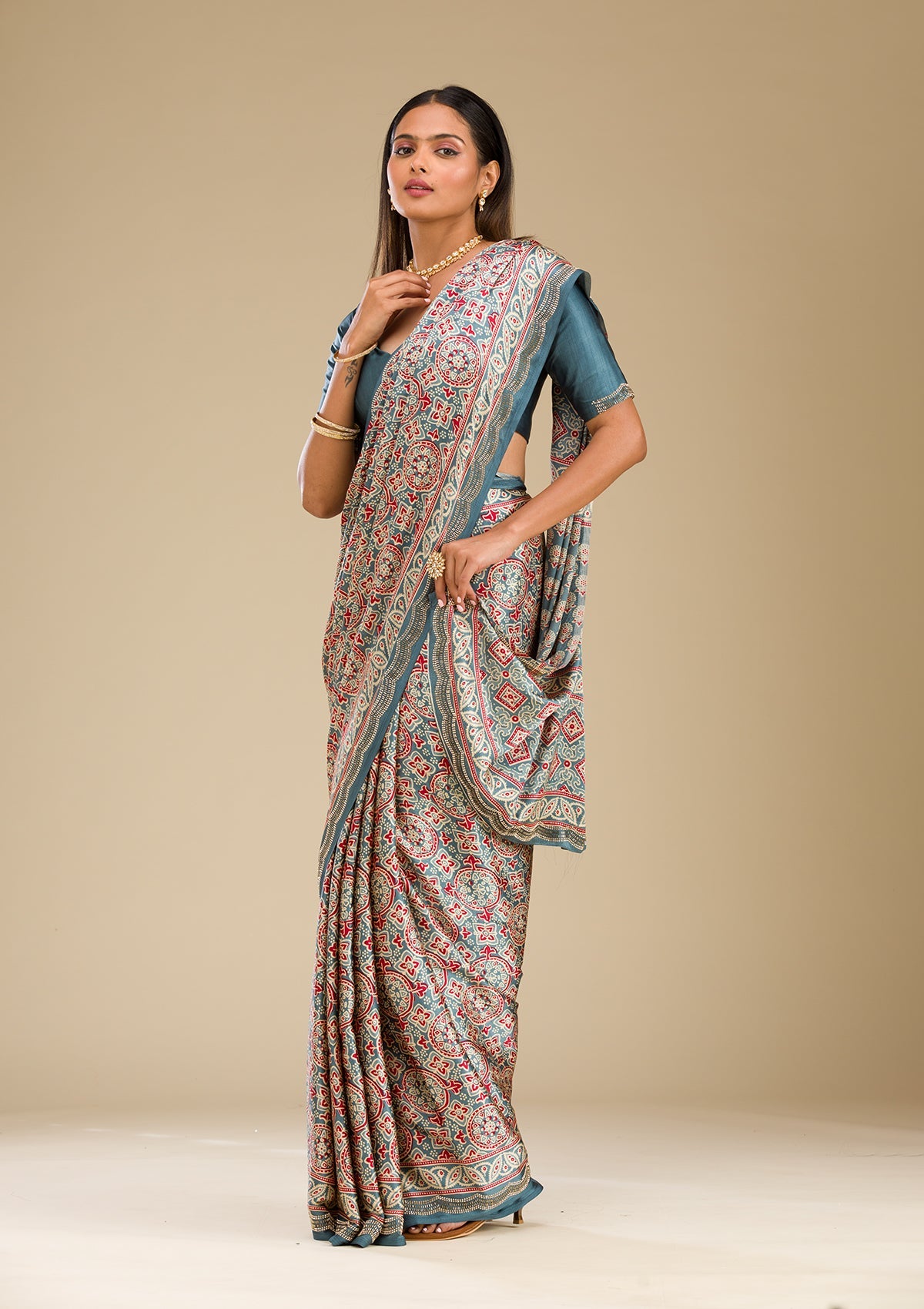 Blue Printed Satin Saree-Koskii