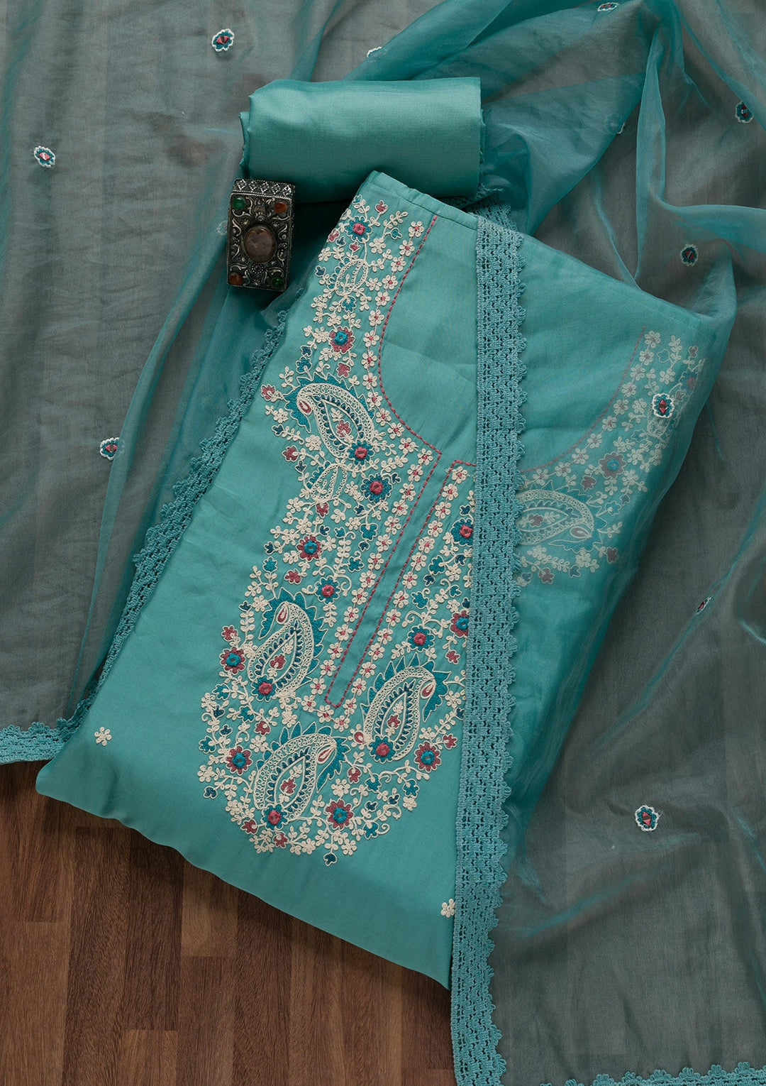 Blue Threadwork Crepe Unstitched Salwar Suit-Koskii