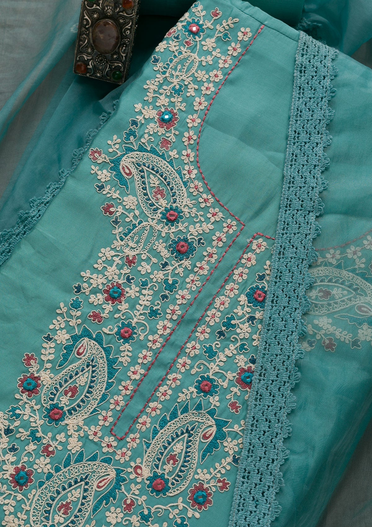 Blue Threadwork Crepe Unstitched Salwar Suit-Koskii
