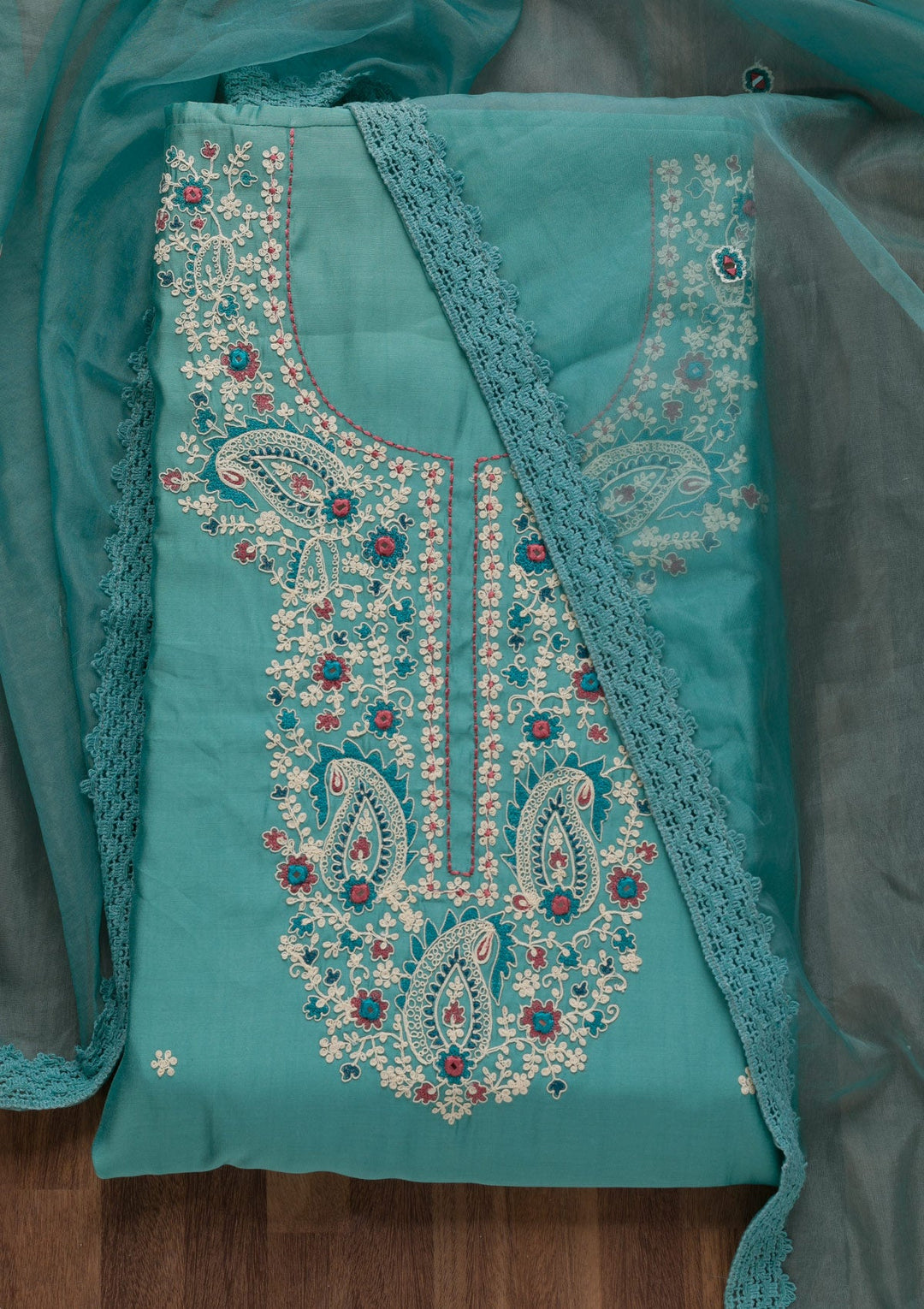Blue Threadwork Crepe Unstitched Salwar Suit-Koskii