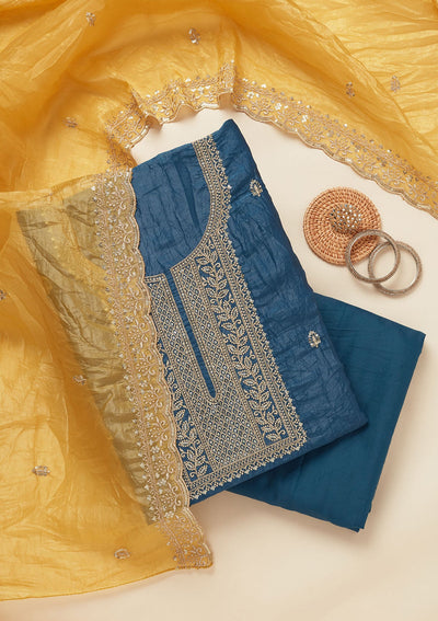 Blue Threadwork Semi Crepe Unstitched Salwar Suit-Koskii