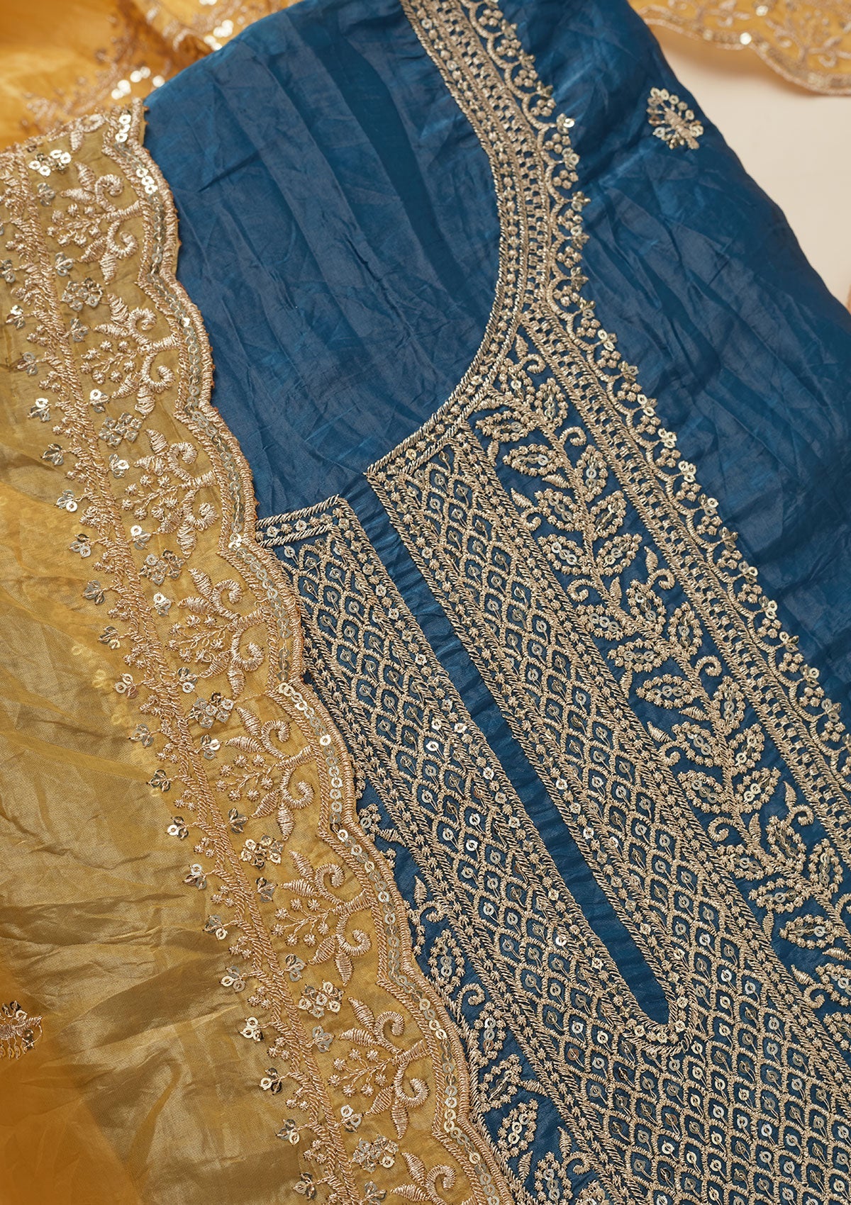 Blue Threadwork Semi Crepe Unstitched Salwar Suit-Koskii
