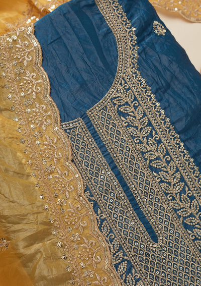 Blue Threadwork Semi Crepe Unstitched Salwar Suit-Koskii