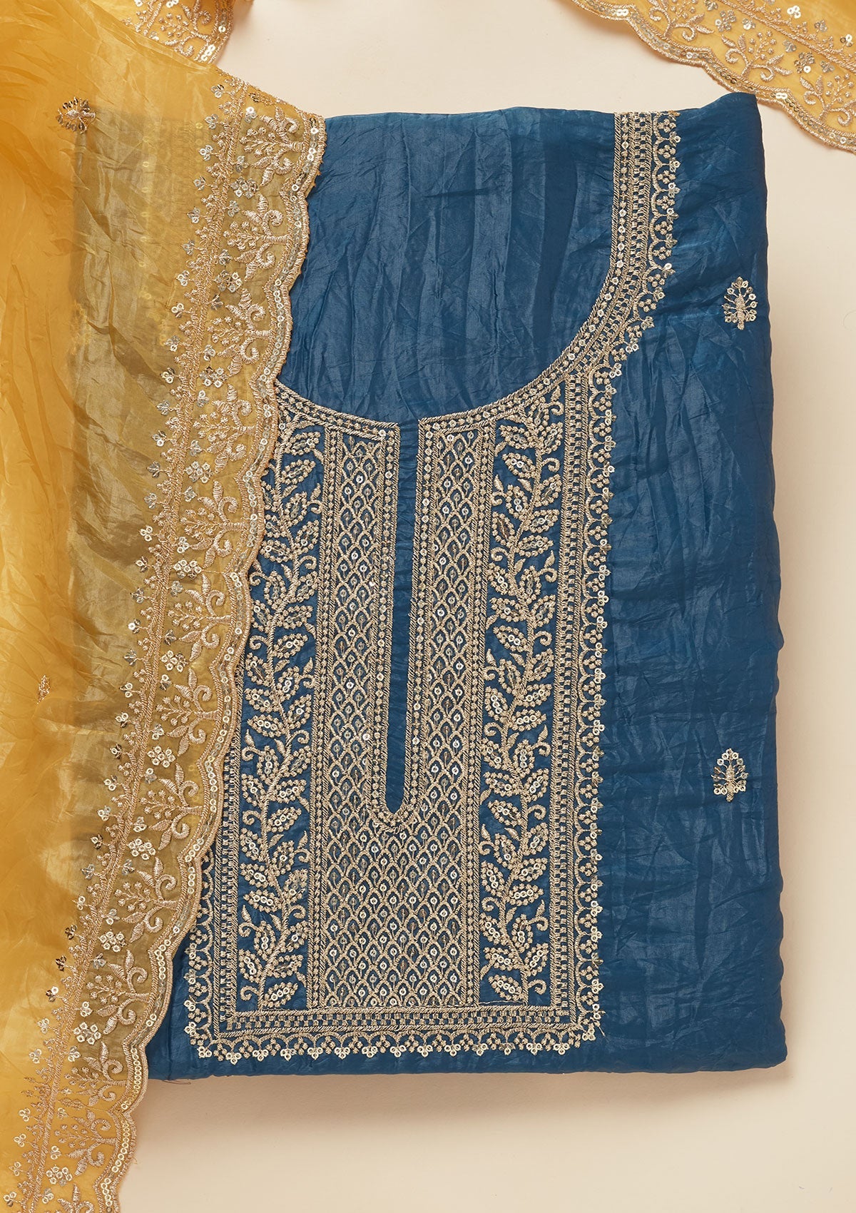 Blue Threadwork Semi Crepe Unstitched Salwar Suit-Koskii