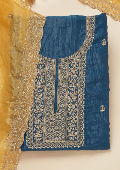 Blue Threadwork Semi Crepe Unstitched Salwar Suit-Koskii