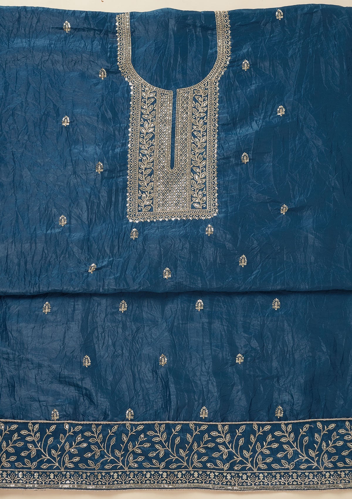 Blue Threadwork Semi Crepe Unstitched Salwar Suit-Koskii