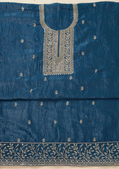 Blue Threadwork Semi Crepe Unstitched Salwar Suit-Koskii