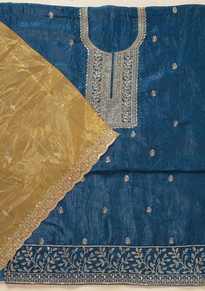 Blue Threadwork Semi Crepe Unstitched Salwar Suit-Koskii