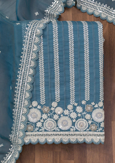 Blue Threadwork Tissue Unstitched Salwar Suit-Koskii