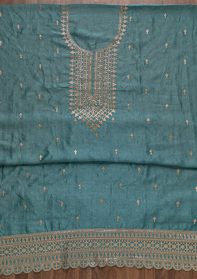 Blue Zariwork Raw Silk Unstitched Salwar Suit-Koskii