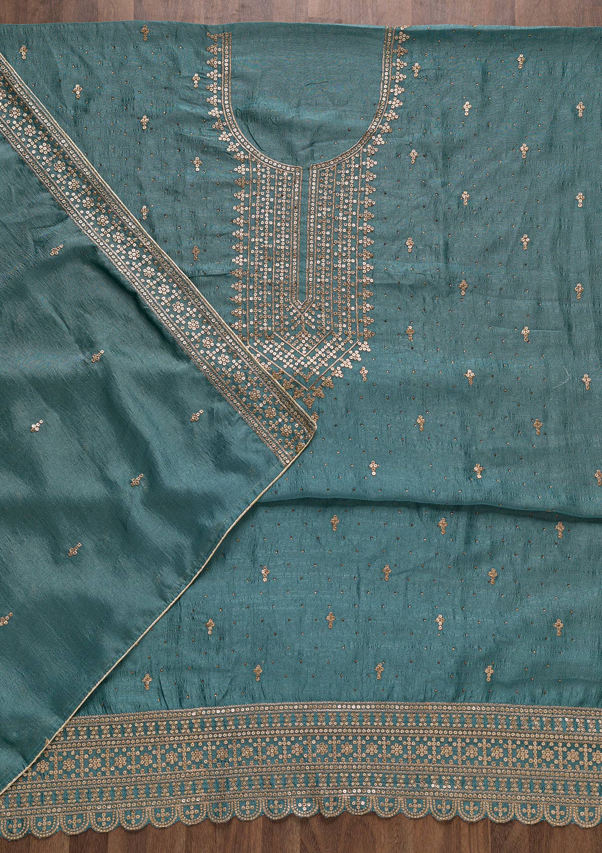 Blue Zariwork Raw Silk Unstitched Salwar Suit-Koskii