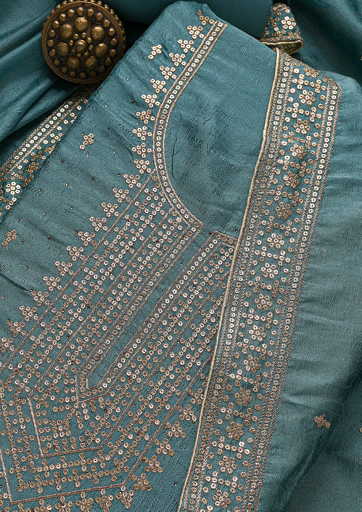 Blue Zariwork Raw Silk Unstitched Salwar Suit-Koskii