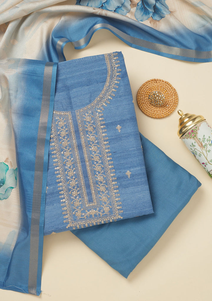 Blue Zariwork Raw Silk Unstitched Salwar Suit-Koskii