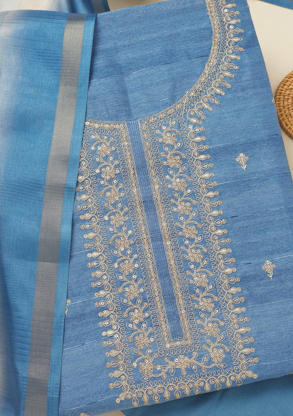 Blue Zariwork Raw Silk Unstitched Salwar Suit-Koskii