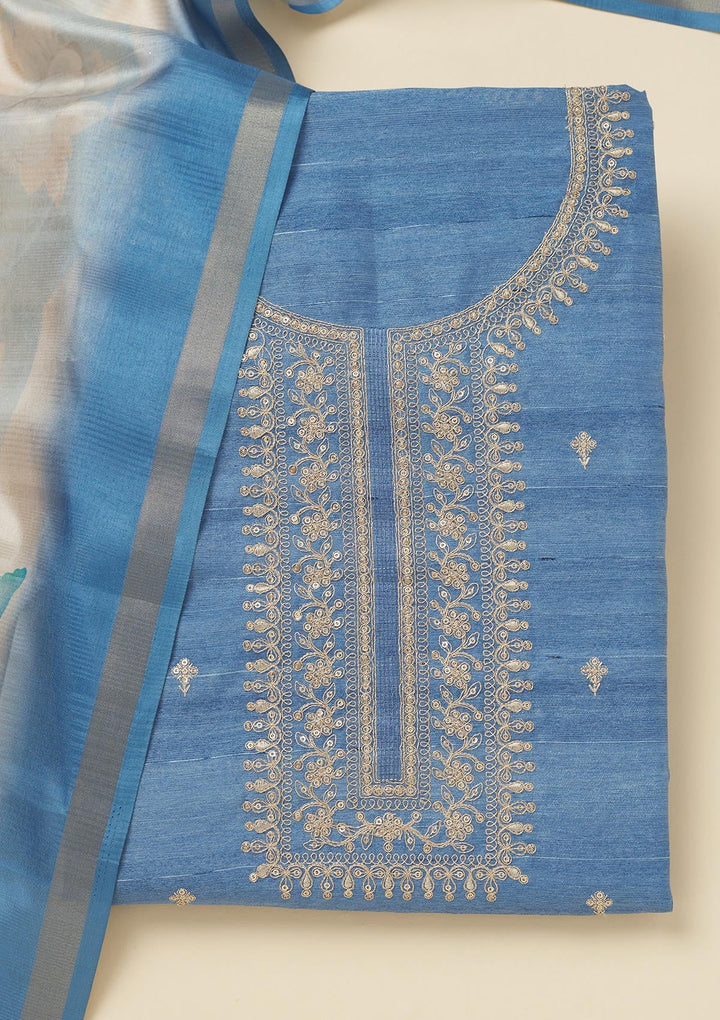 Blue Zariwork Raw Silk Unstitched Salwar Suit-Koskii