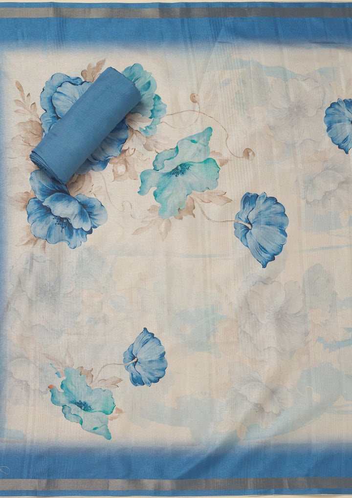 Blue Zariwork Raw Silk Unstitched Salwar Suit-Koskii