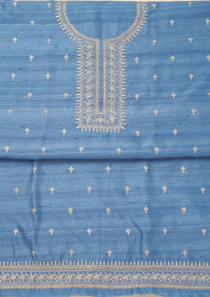 Blue Zariwork Raw Silk Unstitched Salwar Suit-Koskii