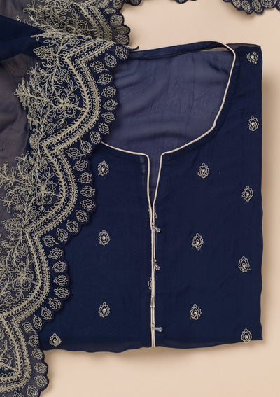 Blue Zariwork Semi Crepe Unstitched Salwar Suit-Koskii