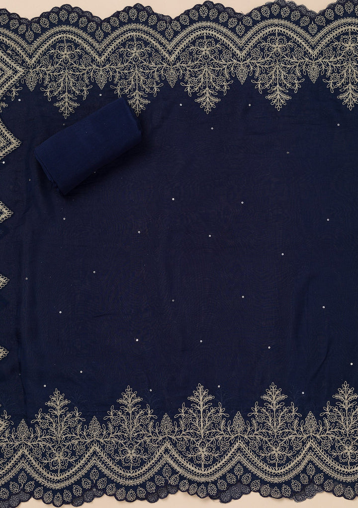 Blue Zariwork Semi Crepe Unstitched Salwar Suit-Koskii