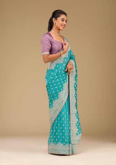 Blue Zariwork Silk Saree-Koskii