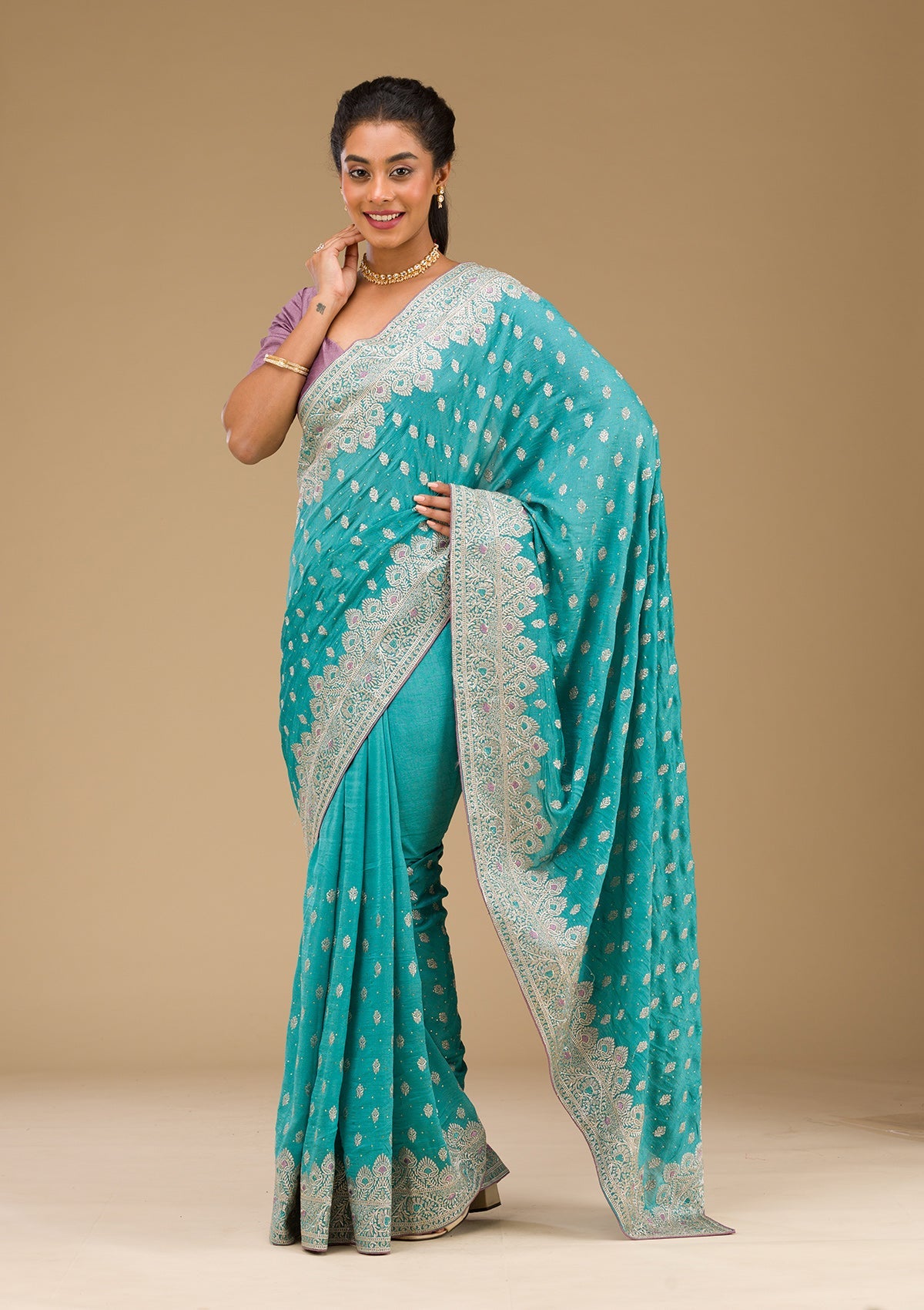 Blue Zariwork Silk Saree-Koskii