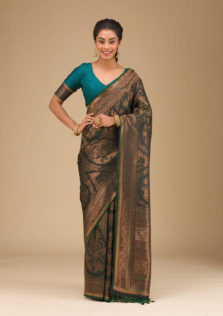 Bottle Green Stonework Art Silk Saree-Koskii