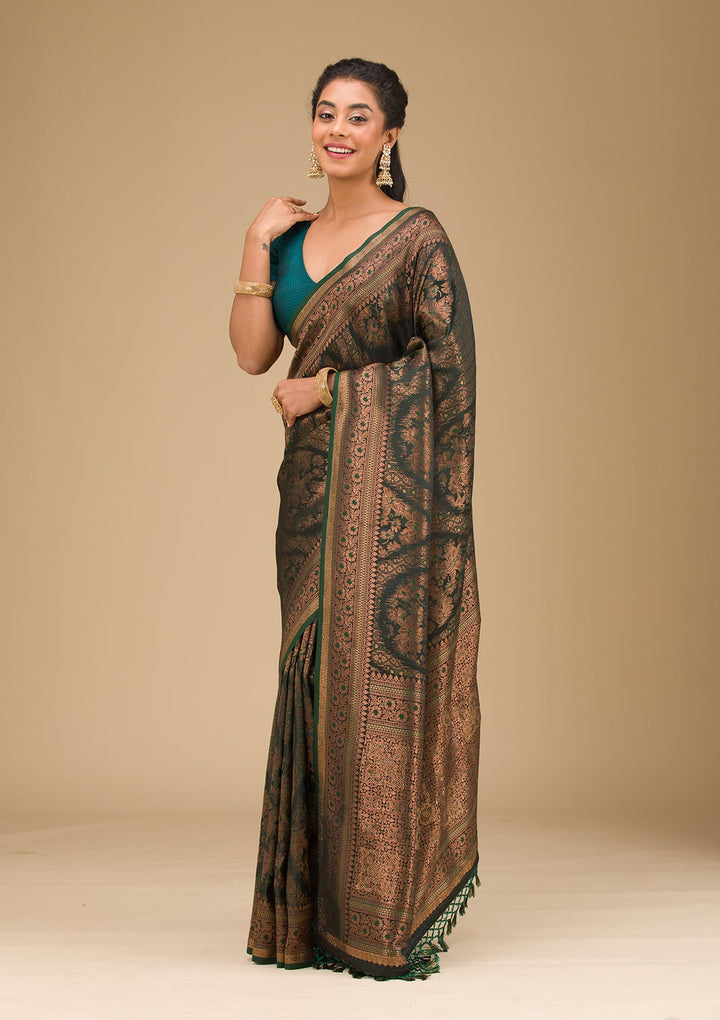 Bottle Green Stonework Art Silk Saree-Koskii