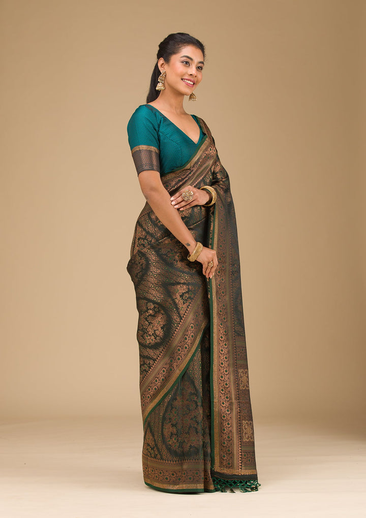 Bottle Green Stonework Art Silk Saree-Koskii