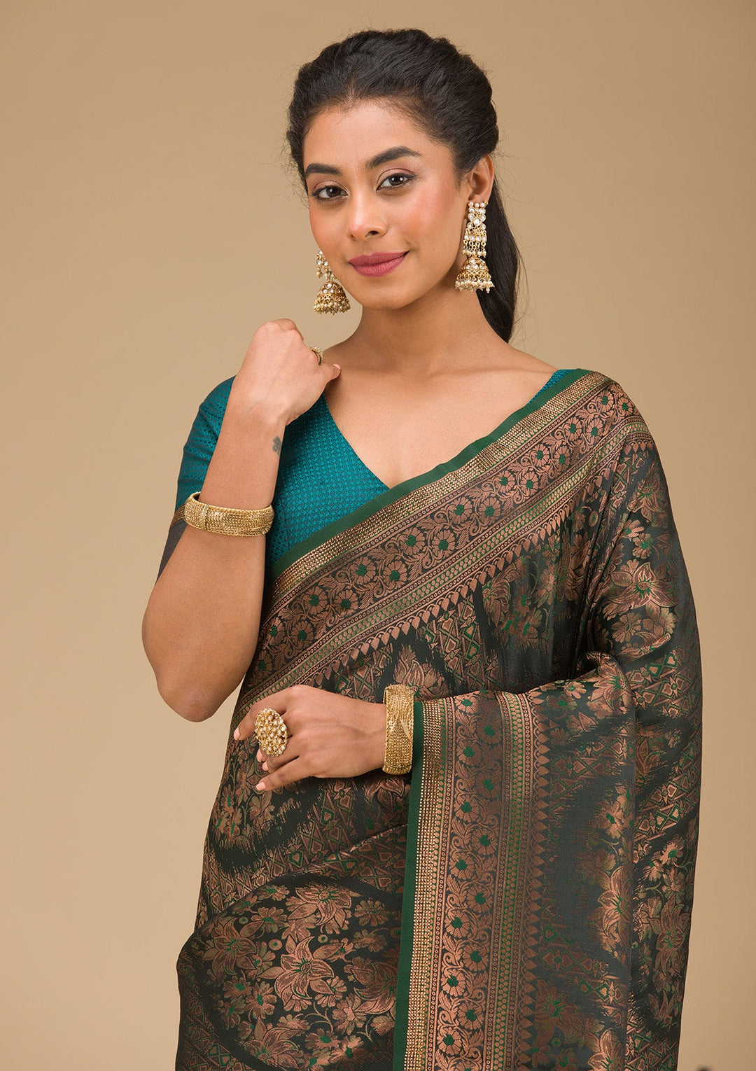 Bottle Green Stonework Art Silk Saree-Koskii