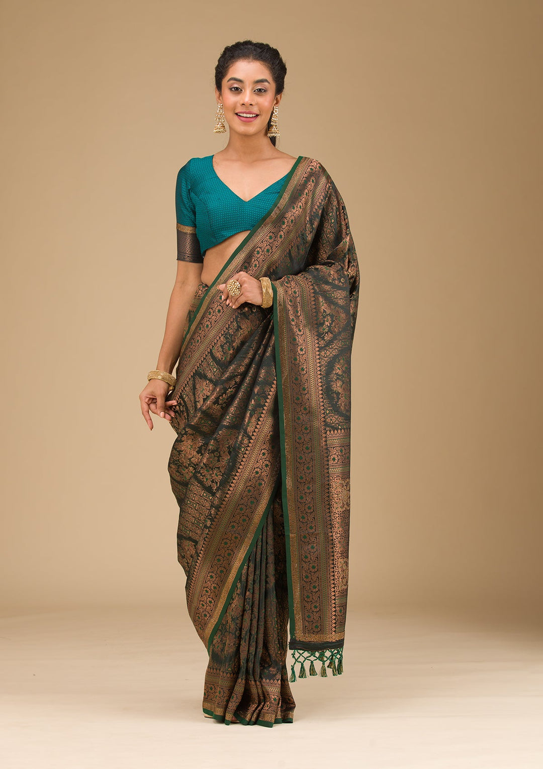 Bottle Green Stonework Art Silk Saree-Koskii