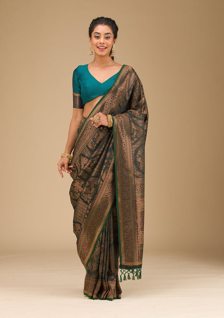 Bottle Green Stonework Art Silk Saree-Koskii