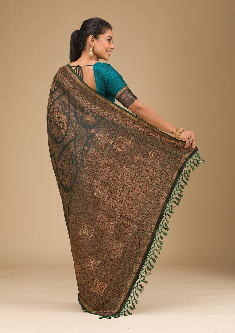 Bottle Green Stonework Art Silk Saree-Koskii