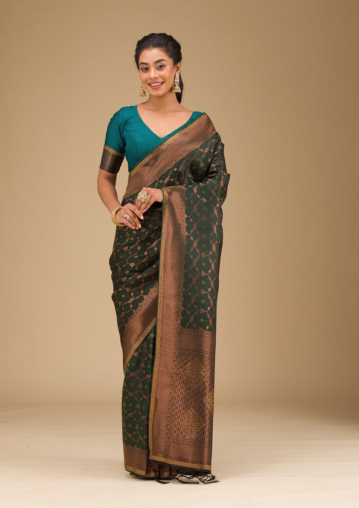 Bottle Green Stonework Art Silk Saree-Koskii