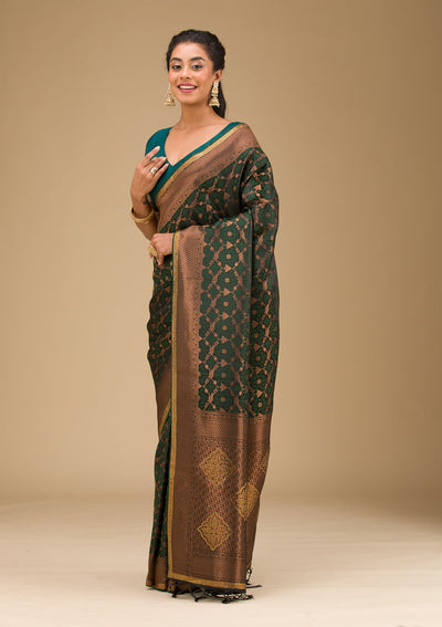 Bottle Green Stonework Art Silk Saree-Koskii