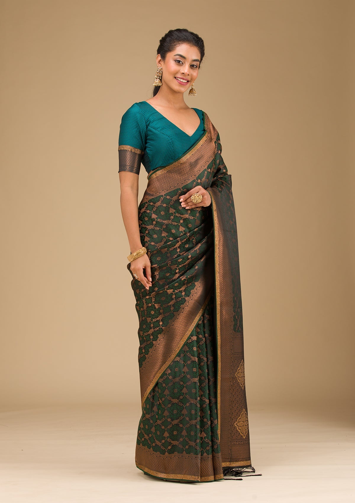 Bottle Green Stonework Art Silk Saree-Koskii