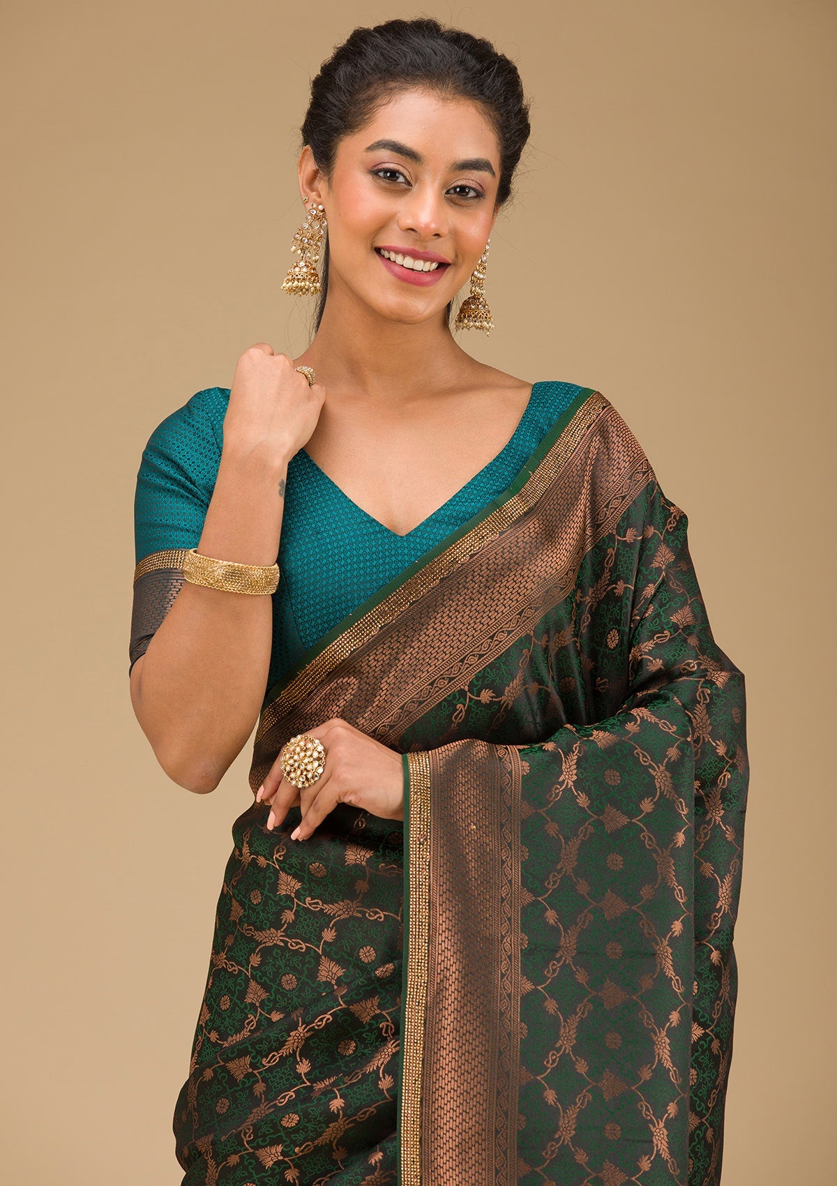 Bottle Green Stonework Art Silk Saree-Koskii