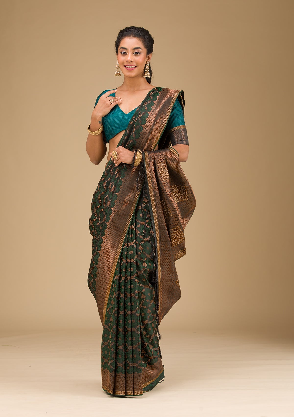 Bottle Green Stonework Art Silk Saree-Koskii