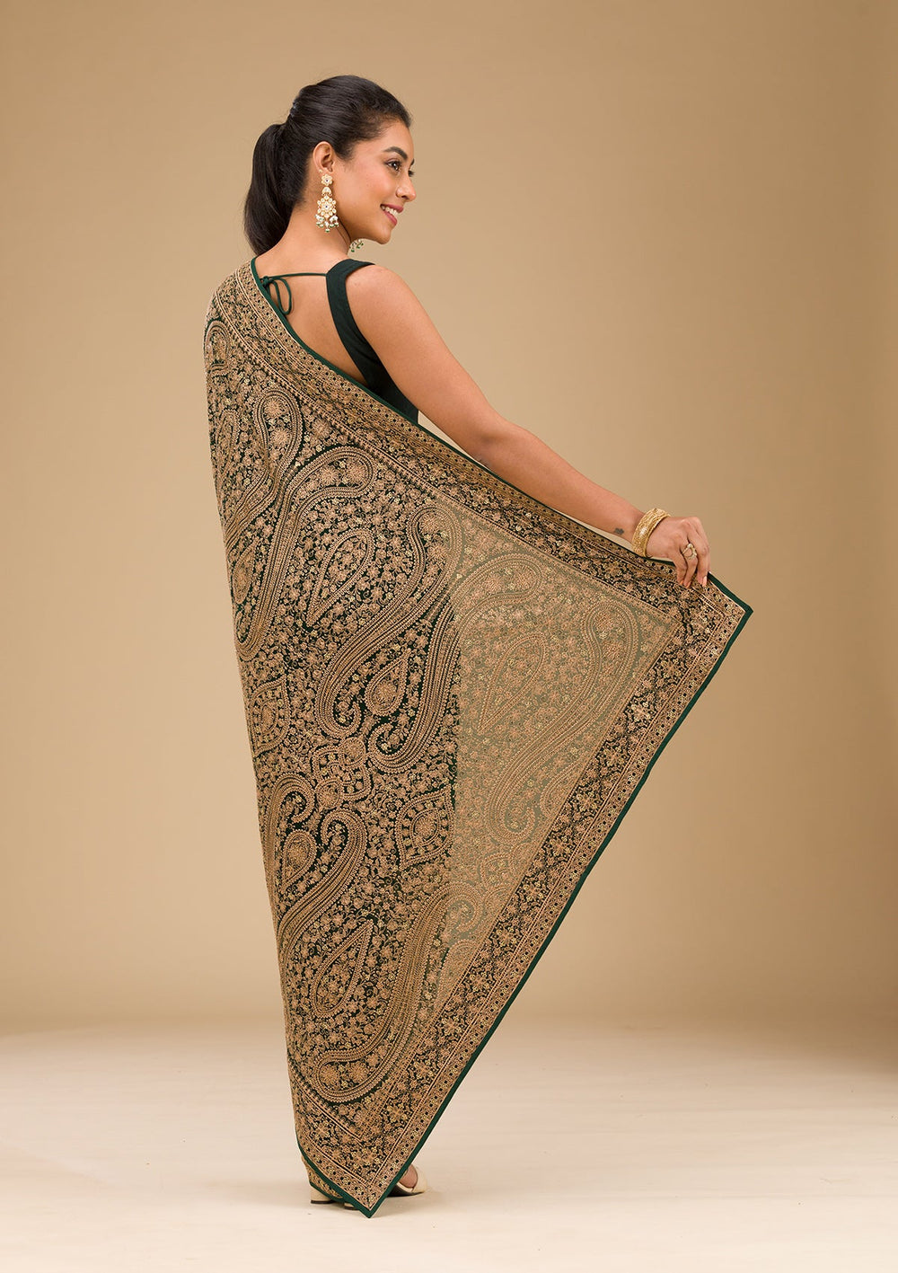 Bottle Green Zariwork Georgette Saree-Koskii