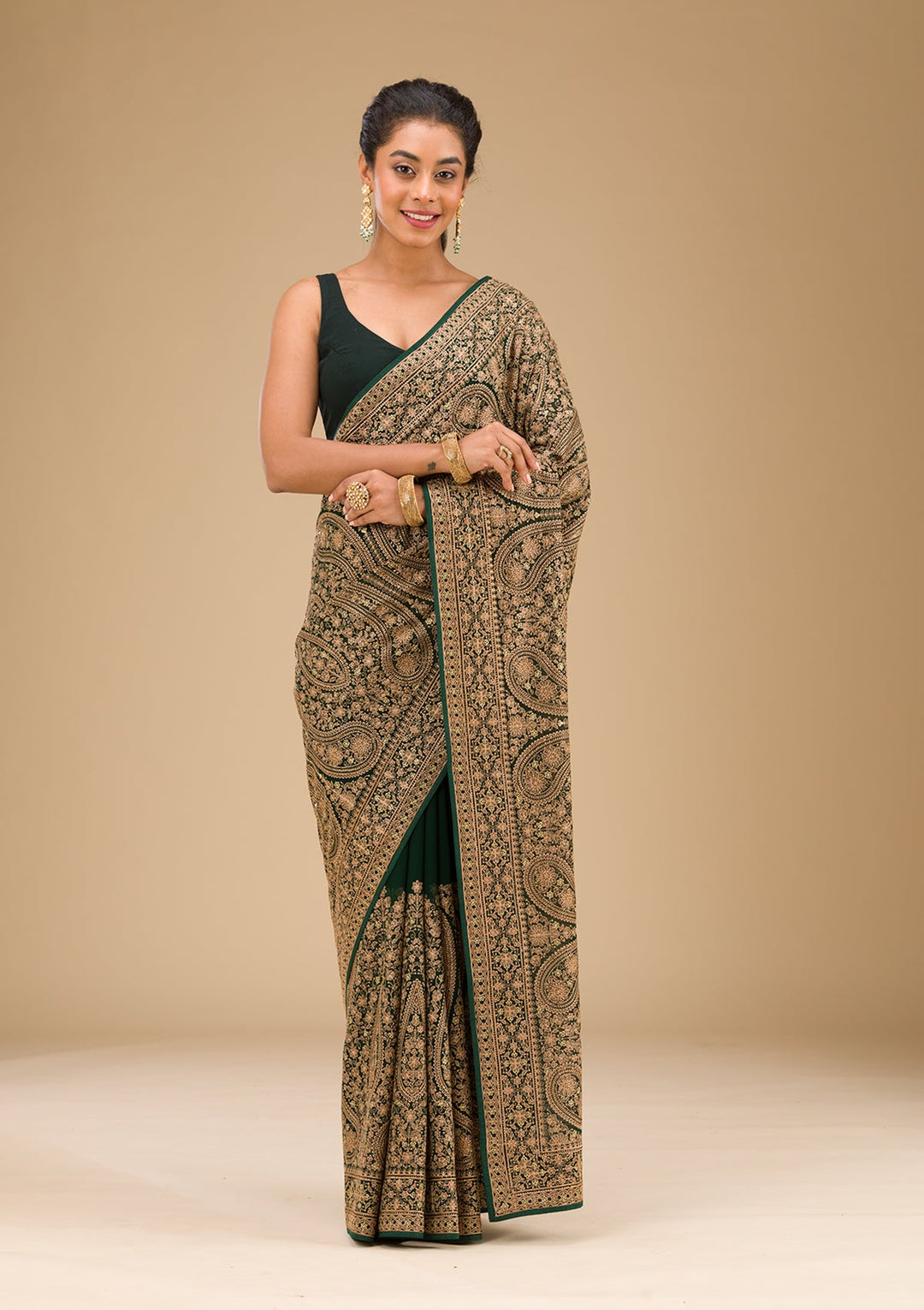 Bottle Green Zariwork Georgette Saree-Koskii