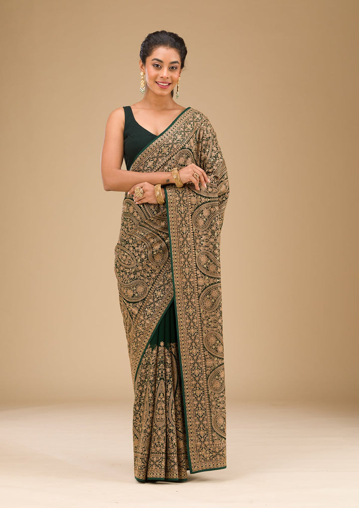 Bottle Green Zariwork Georgette Saree-Koskii