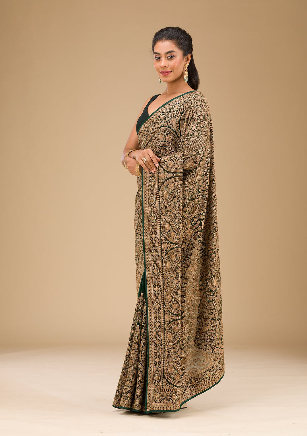 Bottle Green Zariwork Georgette Saree-Koskii