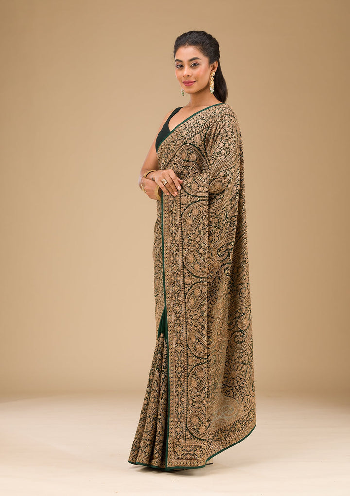 Bottle Green Zariwork Georgette Saree-Koskii
