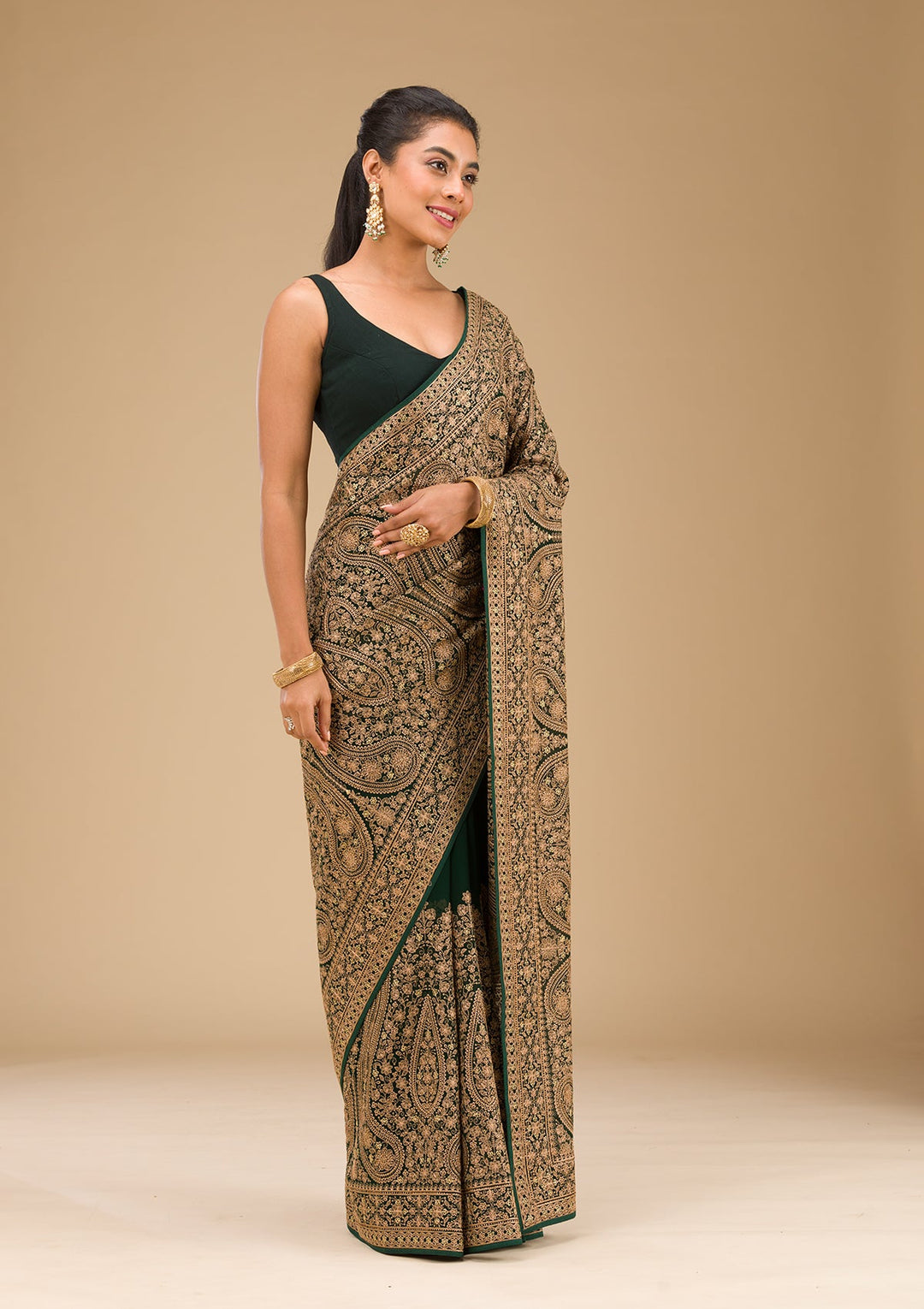 Bottle Green Zariwork Georgette Saree-Koskii
